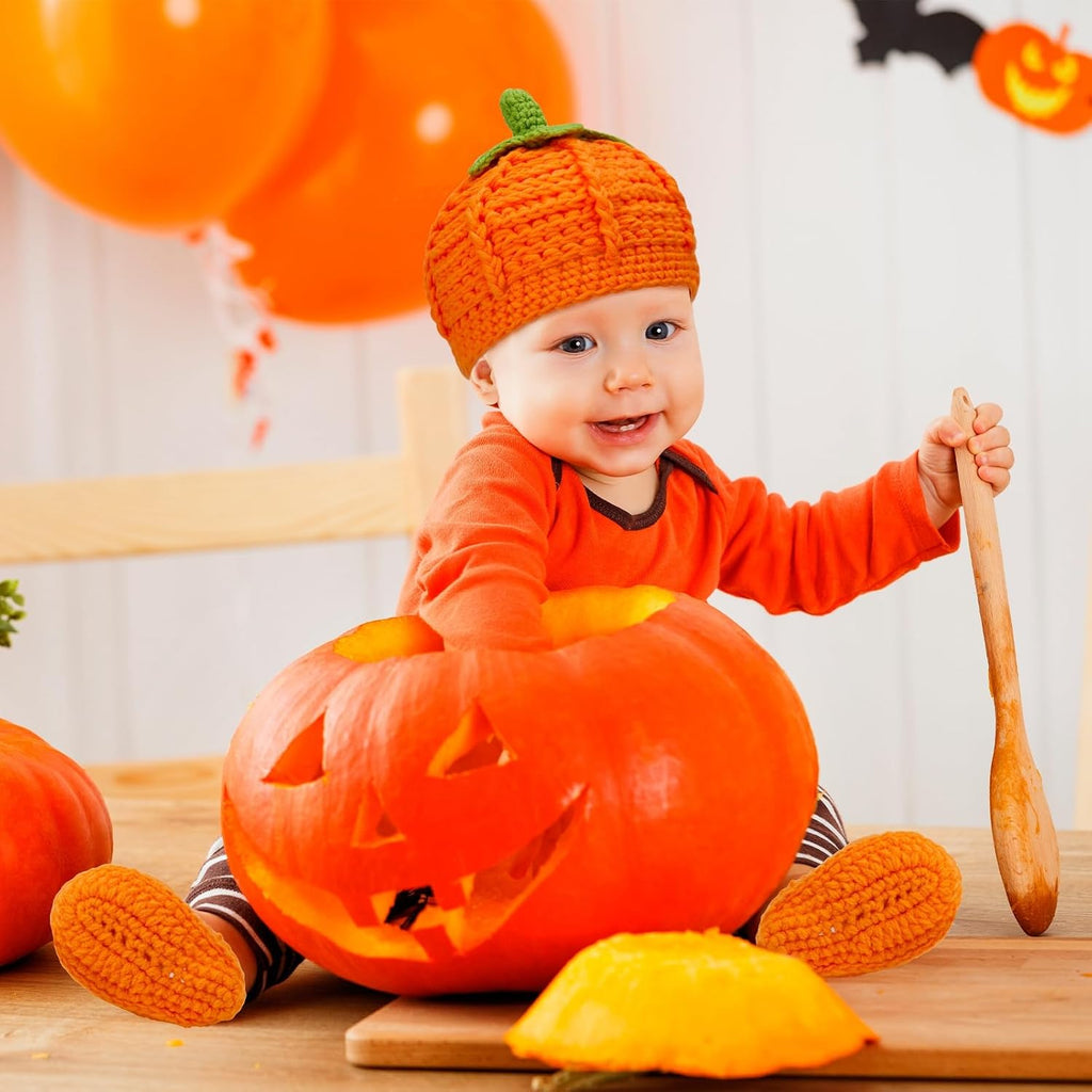 Baby Toddler Knitted Pumpkin Hat and Booties Set Orange
