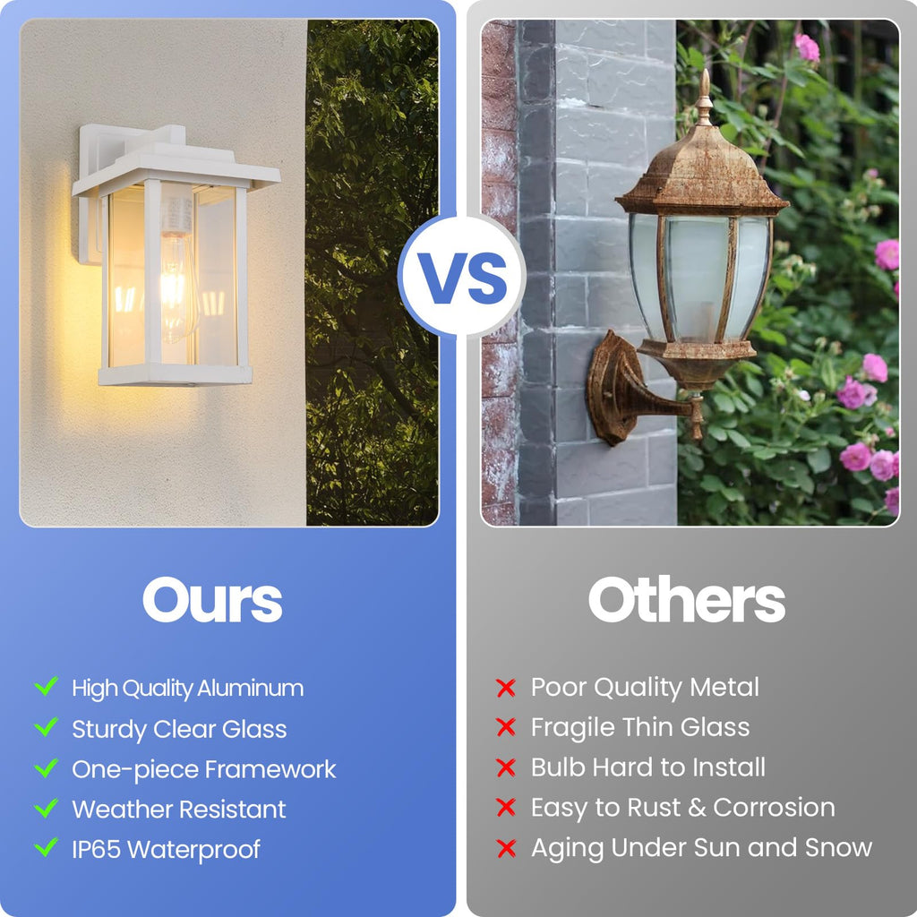 2 Pack Outdoor Wall Sconce White Exterior Wall Lights in Clear Glass