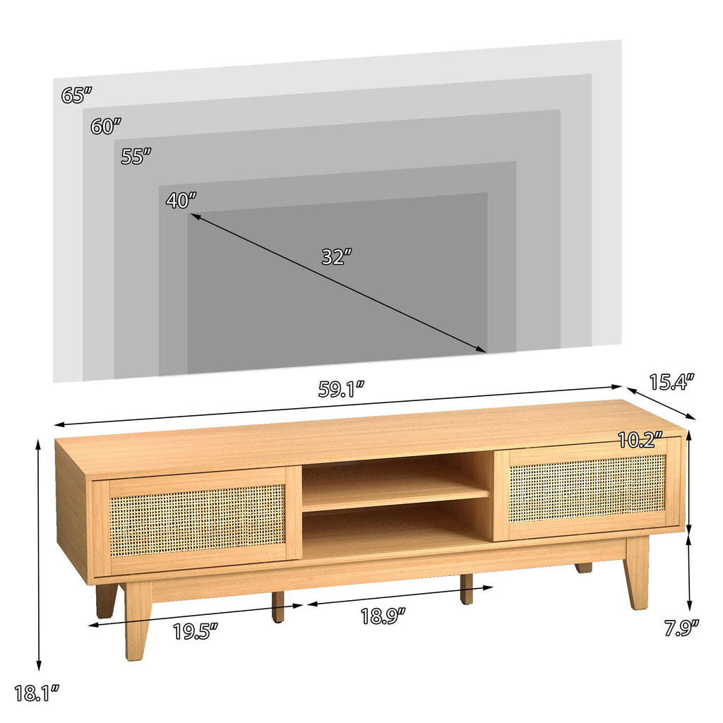 59" TV Stand for 55 65 Inch TVs, Rattan Entertainment Center, Natural