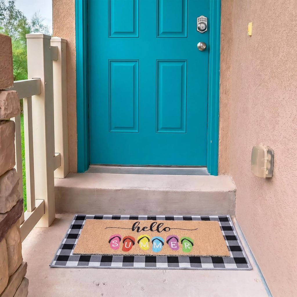 5 Pcs Seasonal Front Door Mat Set Interchangeable Welcome Doormats with Black and White Checkered 22 x 10 Inches Non
