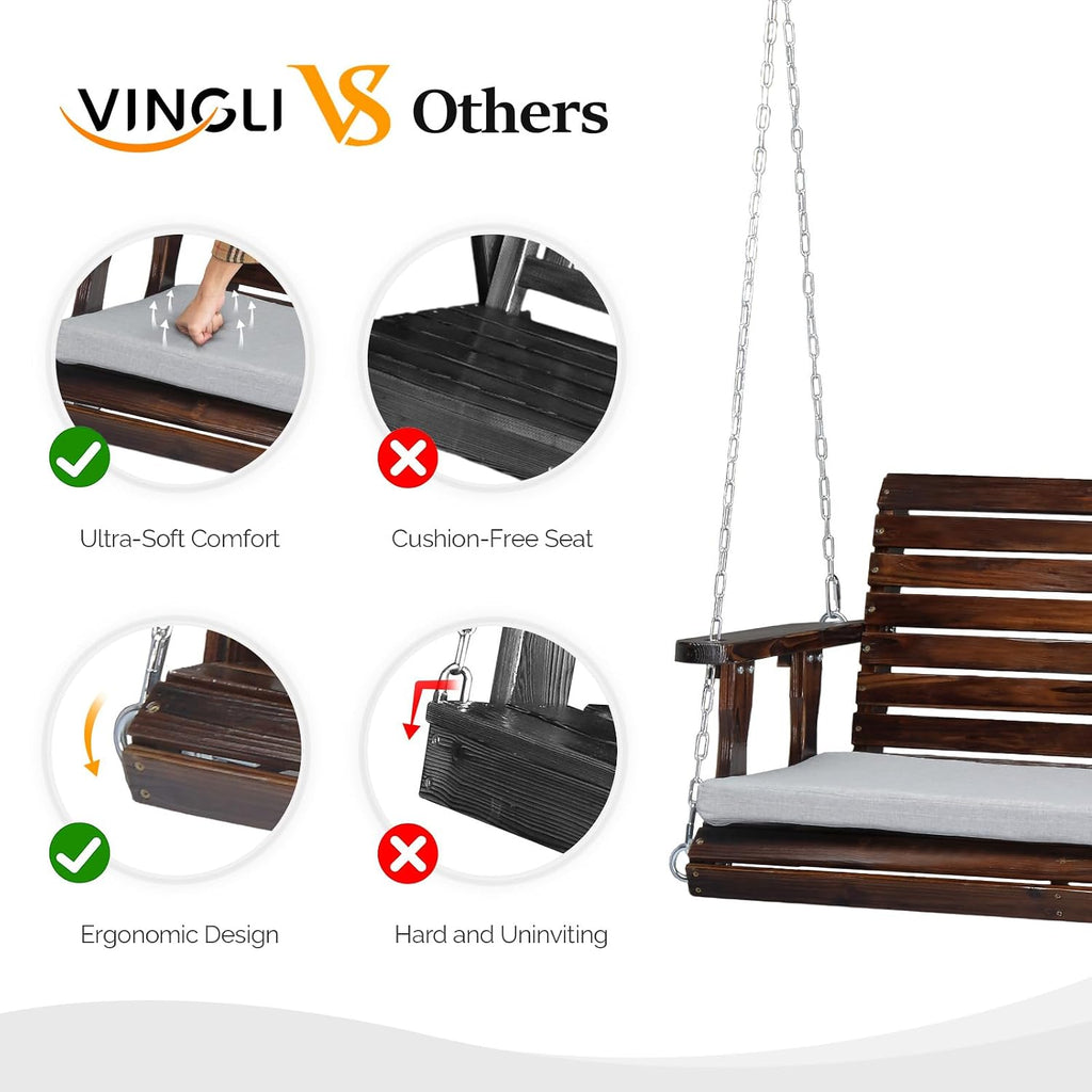 4 FT Heavy Duty Porch Swing with Cushion, 880 LBS Wooden, Rustic | Extra Cushion Included; Heavy-Duty Wood Frame;