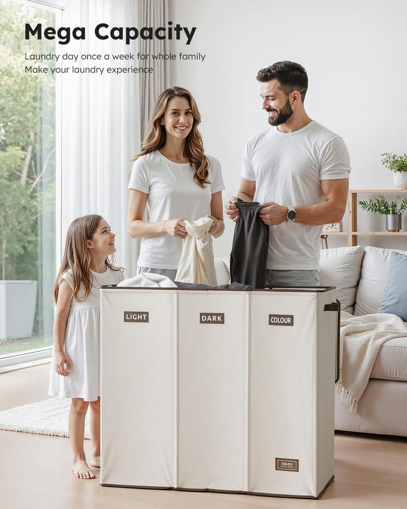 200L 3-Section Laundry Hamper with Lid, Extra Large Dirty Clothes Basket with Sturdy Handles for Laundry Room &