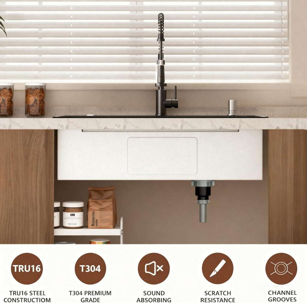 Black Drop Sink: 30in Stainless Steel single bowl Workstation | 8.68 Spacious Single Basin Speeds Up Post Feast