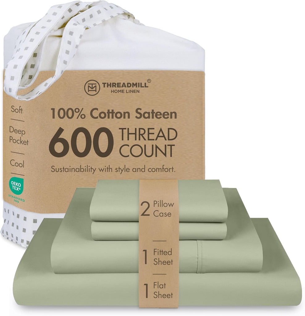 100% Cotton Sheets for Queen Bed - 600 Thread Count Queen Bed Sheets Set with 16" Deep Pocket - Sateen Weave 4-Piece