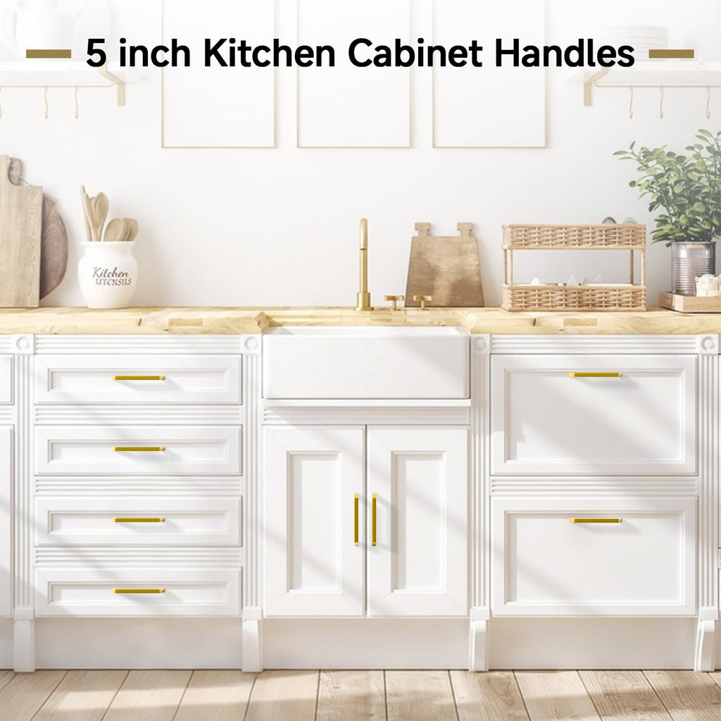 10 Pack 5 Inch Gold Cabinet Handles Brushed Brass Cabinet Pulls, Stainless Steel Kitchen Cabinet Handles Square Pulls