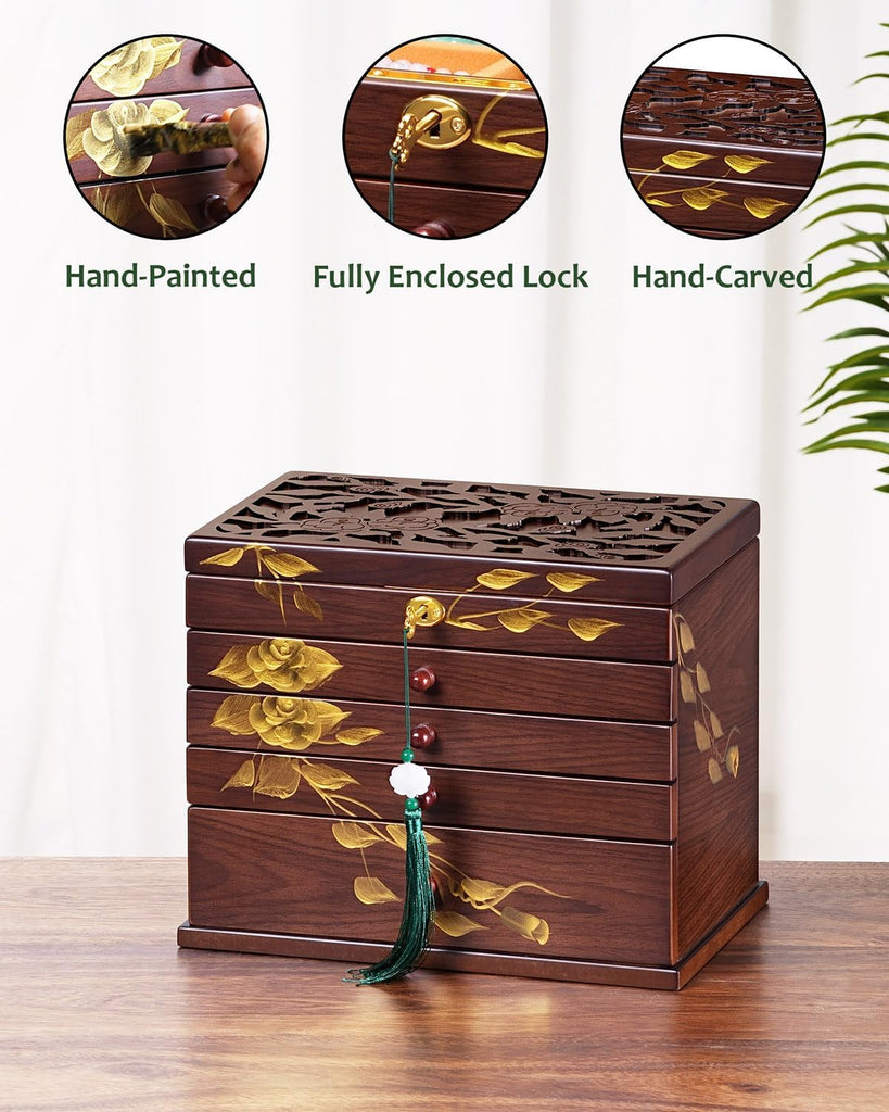 Painted Wooden Jewelry Box for Women, 6-Layer Vintage Organizer with Lock