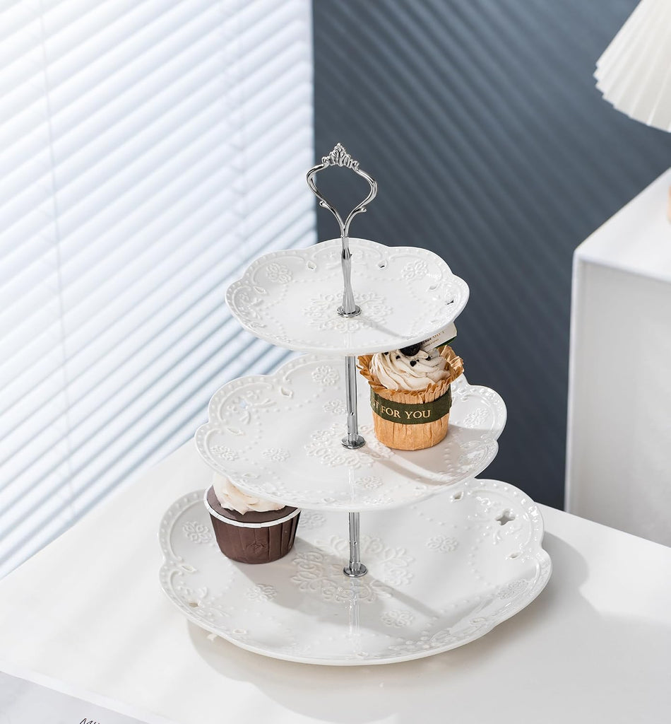 3 Tier White Porcelain Cake Stand, Cupcake Stand with Silver Pilar