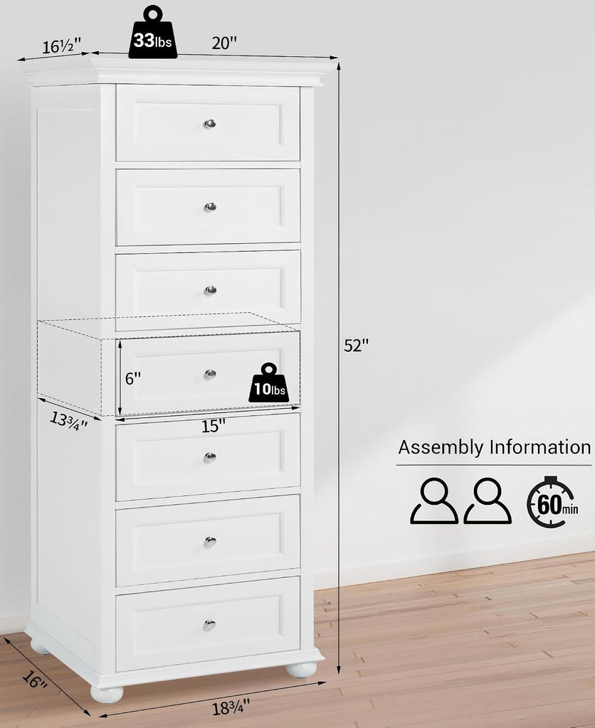 Tall Skinny Dresser with 7 Drawers, White Narrow Wood Dresser | Tall Vertical Chest of Drawers Dresser for Closet