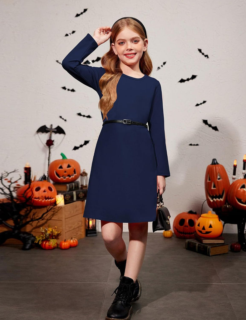 Girls Dress Kids Long Sleeve Solid Color Casual T-Shirt Dress