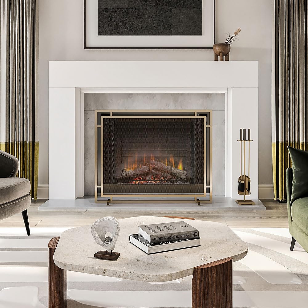 Gatsby Mesh Fireplace Screen in Aged Brass | Single Panel, Heavy-Duty Steel Frame with Powder-Coated Finish | Mesh