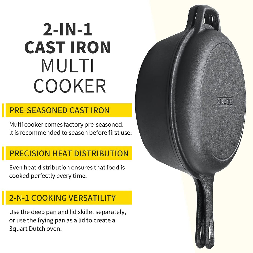 2-in-1 Pre-Seasoned Cast Iron Dutch Oven Pot with Skillet Lid Set, 10" Skillet 3QT Pot for Cooking, Baking, Frying