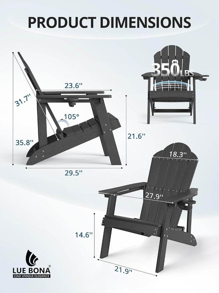 HDPE Adirondack Chairs Set of 2, Black Fire Pit Chairs | All-season weather resistant, ergonomic comfy design