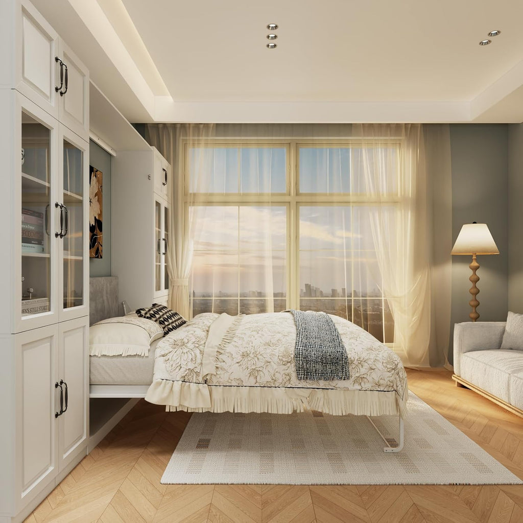 Farmhouse Murphy Bed Queen, 85" Wall Bed Folds to Save Space, Concealed Bed Frame with 2 Glass Storage Cabinets and