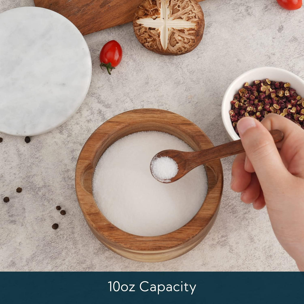 Large Acacia Salt Cellar Box Bowl with Built-in Spoon and Marble Lid, Solid Natural Acacia Wood Bath Sea Salt