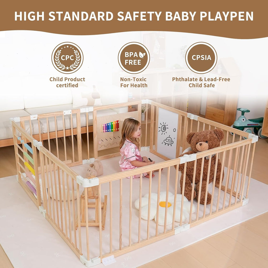 Wooden Baby Playpen, Adjustable Multi-Shape Play Yard for Baby and Toddler | 6/8/10 Panel Baby Fence Play Area