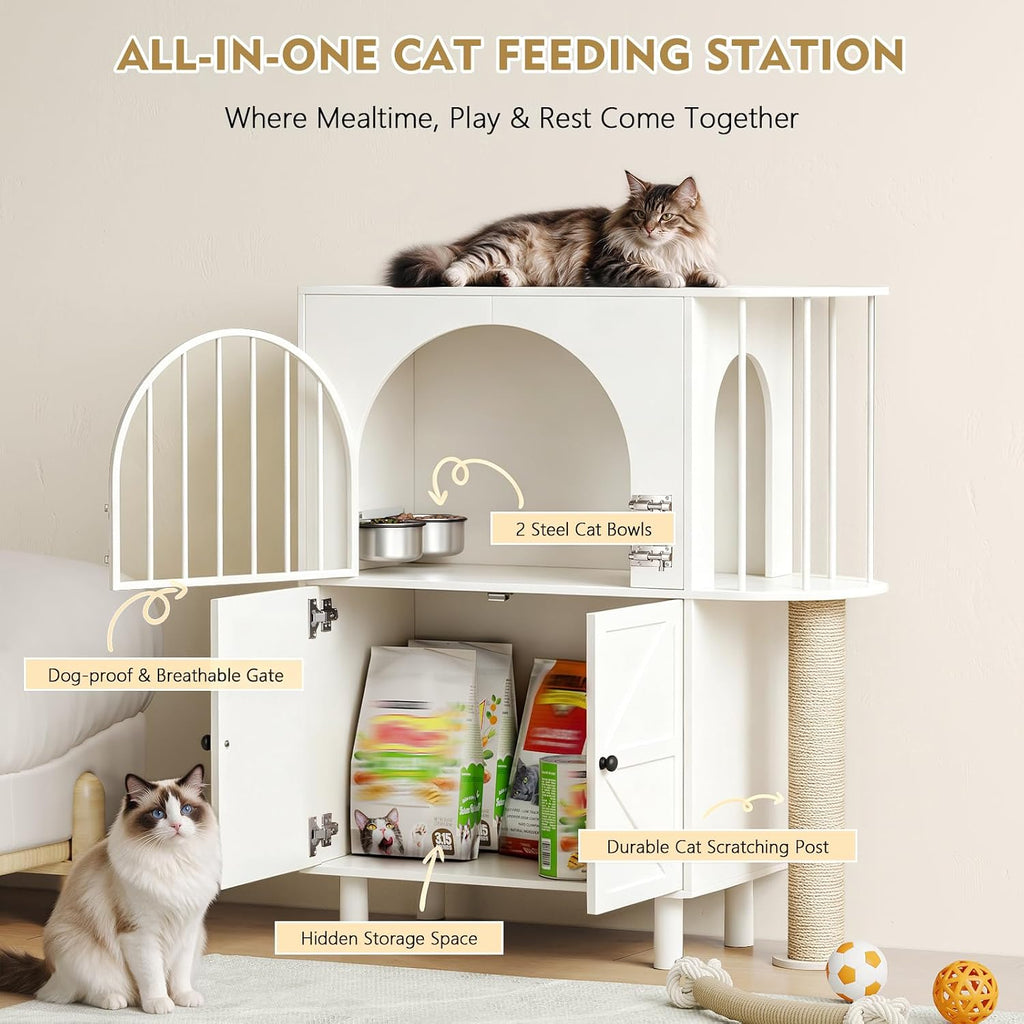 Dog Proof Cat Feeding Station with Scratching Post, Pet Food Storage, White