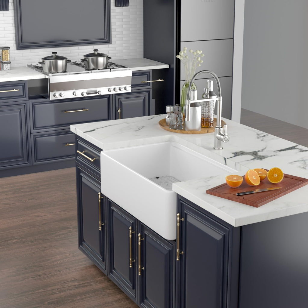 33 Inch White Farmhouse Kitchen Sink Workstation Apron Front Farm Sink with Slide Ledge Fireclay Ceramic Porcelain
