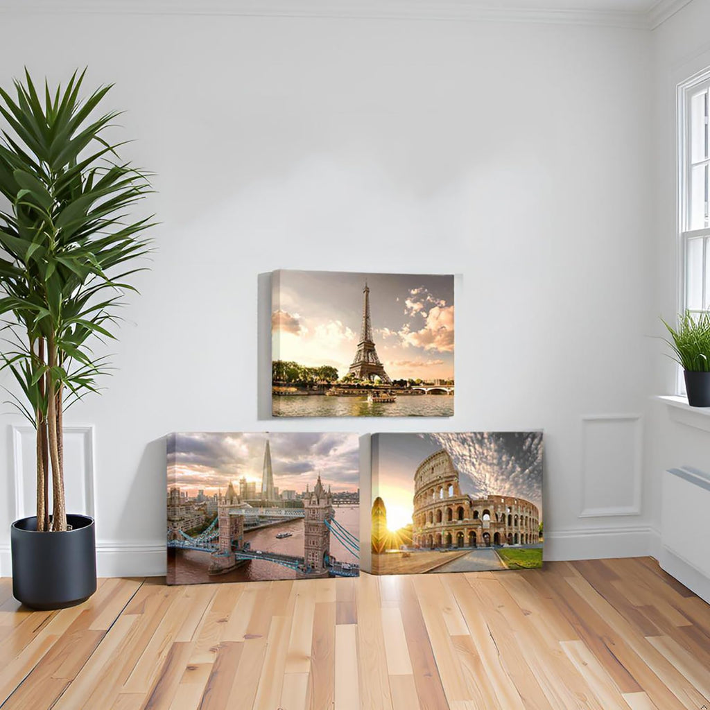 European Cityscape Wall - Paris Eiffel Tower, London, Rome Canvas Prints - Framed Landscape Paintings Decor - Ready
