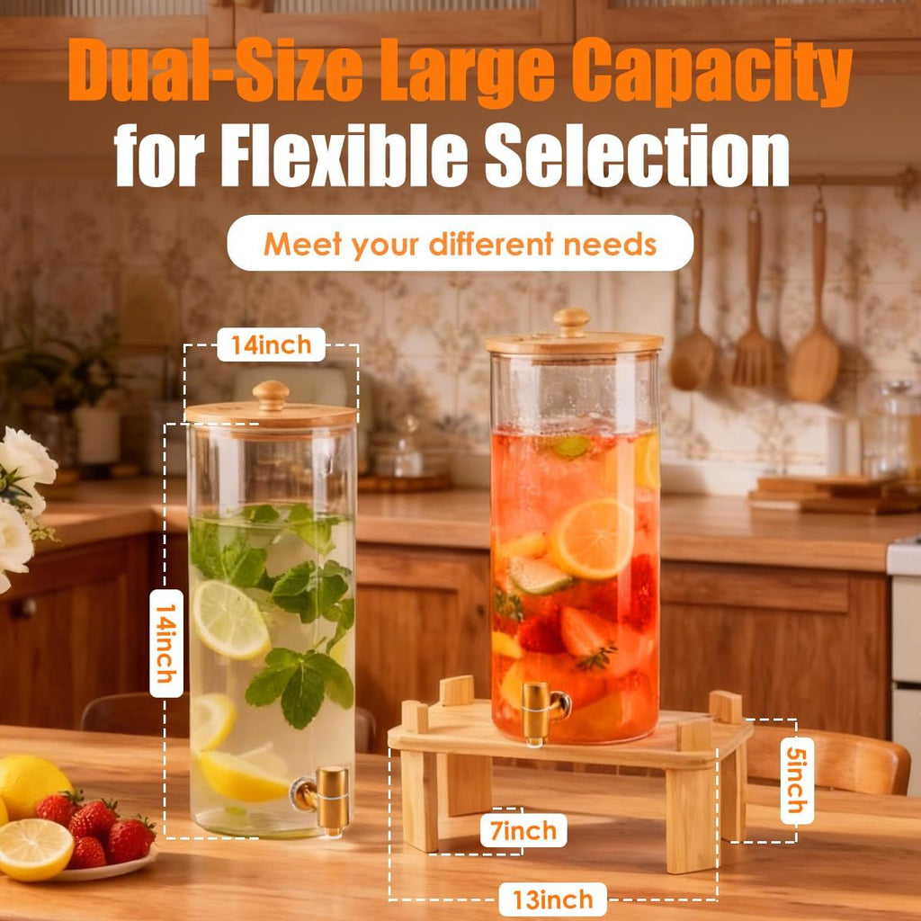 Gallon 2 Pack large Glass Drink dispenser for parties,Beverage Dispenser With Wood Stand,Water Dispensers - Set of 2