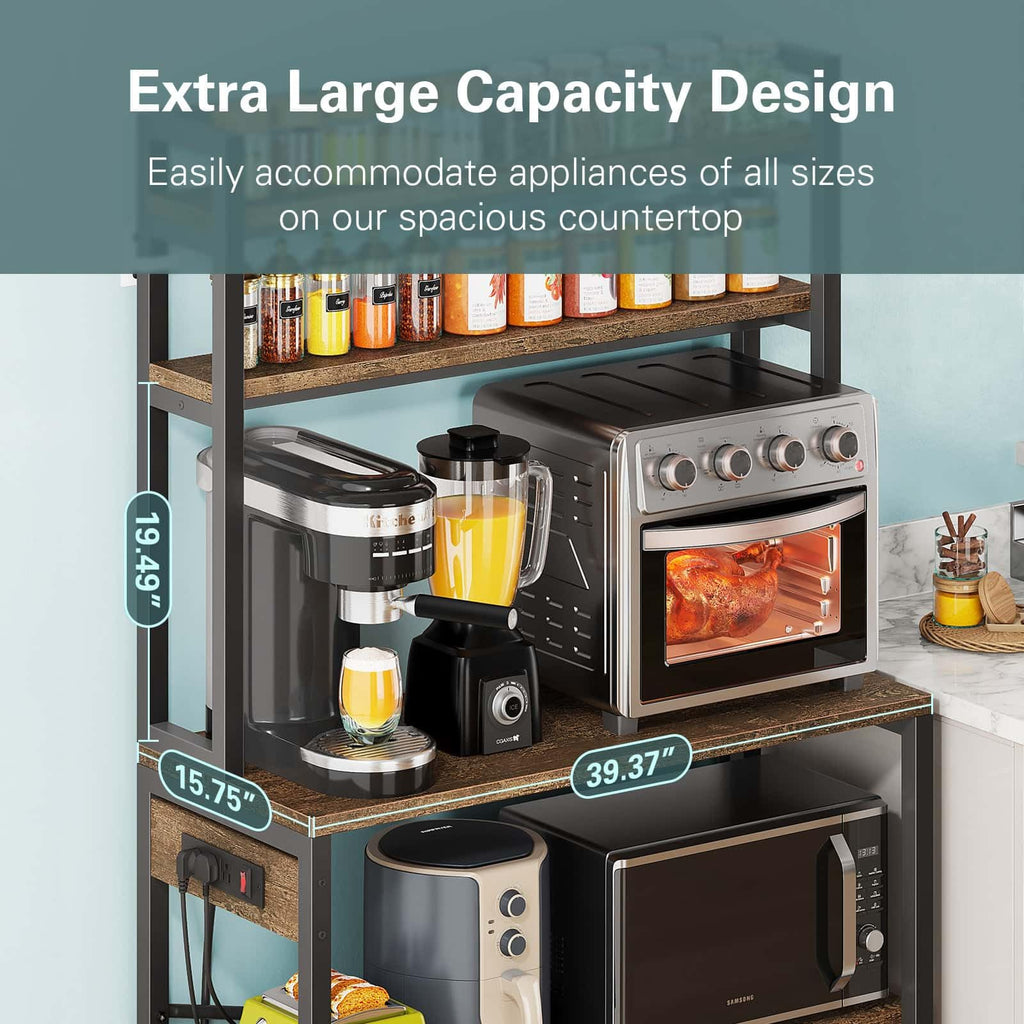 Large Bakers Rack with Power Outlets, 38 Inch Microwave Stand with Storage, 5-Tier Coffee Bar Stand, Industrial