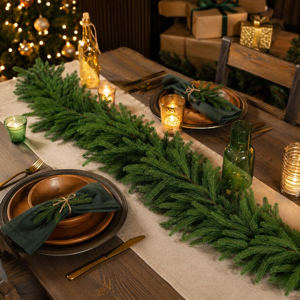 9FT Christmas Norfolk Pine Garland, Real Touch Artificial Greenery Garland, Realistic Faux Pine Garlands for Front