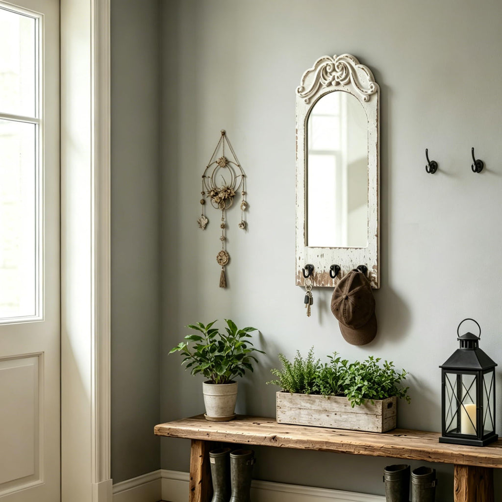 Farmhouse Entryway Mirror with 3 Hooks, 26 X 10 Inch