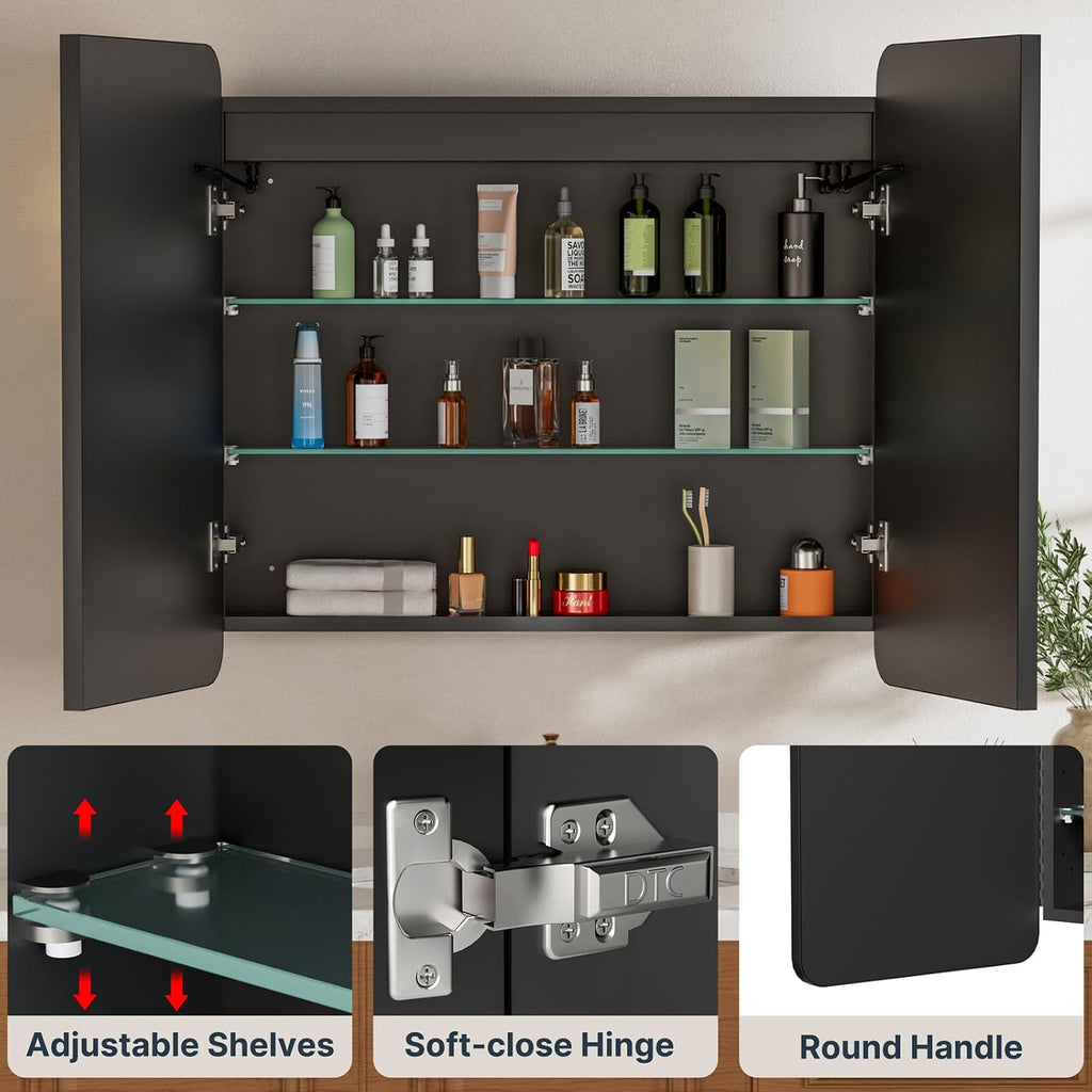 32x30 Inch Medicine Cabinet with Mirror and Lights , Black | Recessed or Surface Mount, Anti-Fog, Memory Function