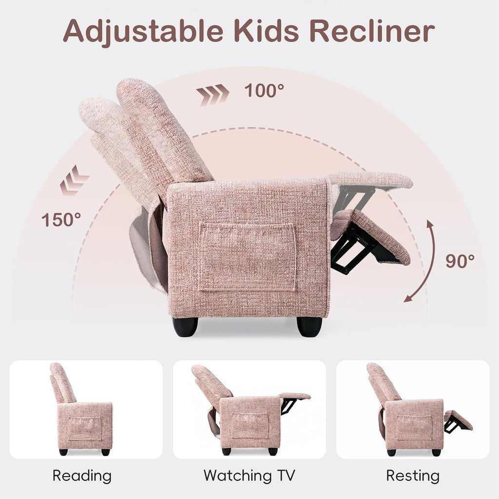 Kids Recliner, Toddler Lounge Chair with Adjustable Backrest Footrest Cup Holder Side Pockets, Velvet Leather Toddler
