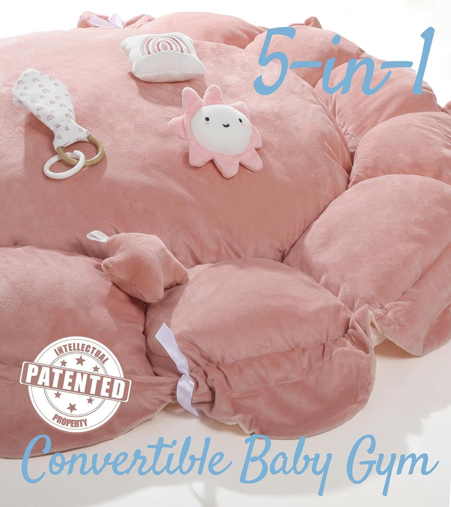 In-1 Thick Plush Baby Play Gym Mat, Tummy Time Mat with 6 Sensory Toys, Baby Play Mat, Convertible Baby Gym