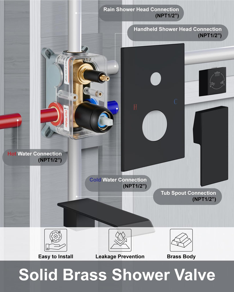 Shower System with Tub Spout and Valve Matte Black