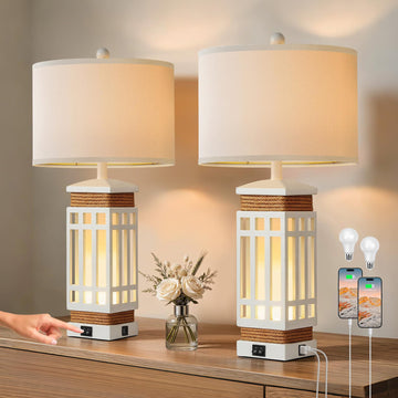25'' Modern Farmhouse Table Lamp Set of 2 Bedroom(White)