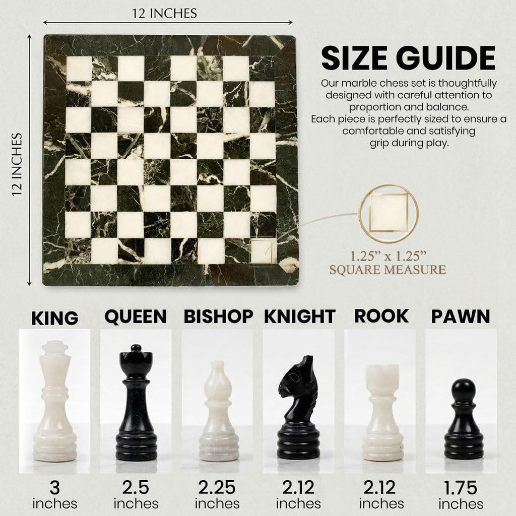 Marble Chess Set with Board and Storage Box - Handcrafted Stone Chess Board with Marble Chess Pieces, 12x12 Inch - Set of 32