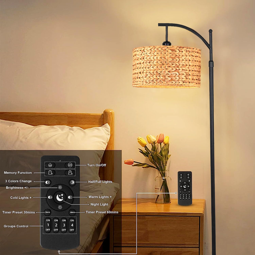 Floor Lamp Bedroom Farmhouse Arc Rattan Boho Standing Lamp with Remote Dimmable Black Wicker Bamboo Lamp Shade Floor