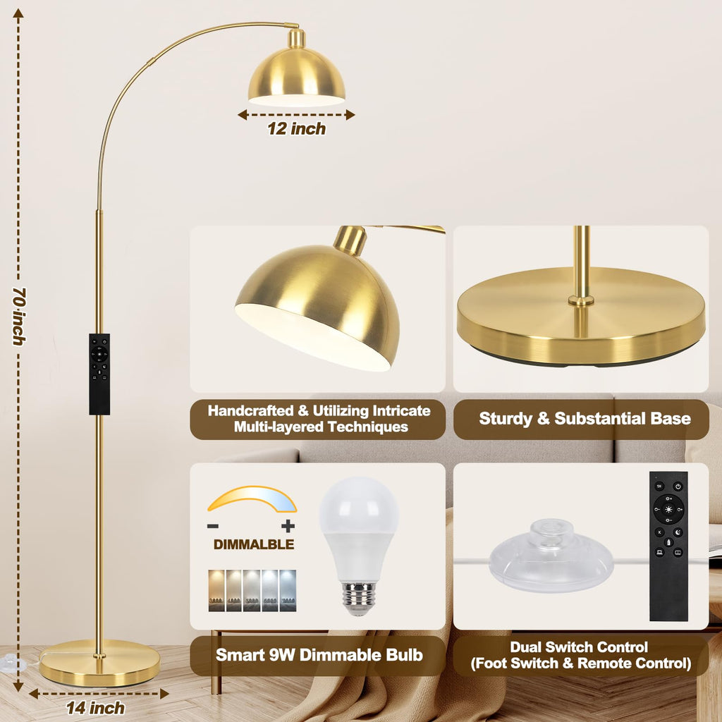 Upgraded Arc Floor Lamps, Gold, Dimmable