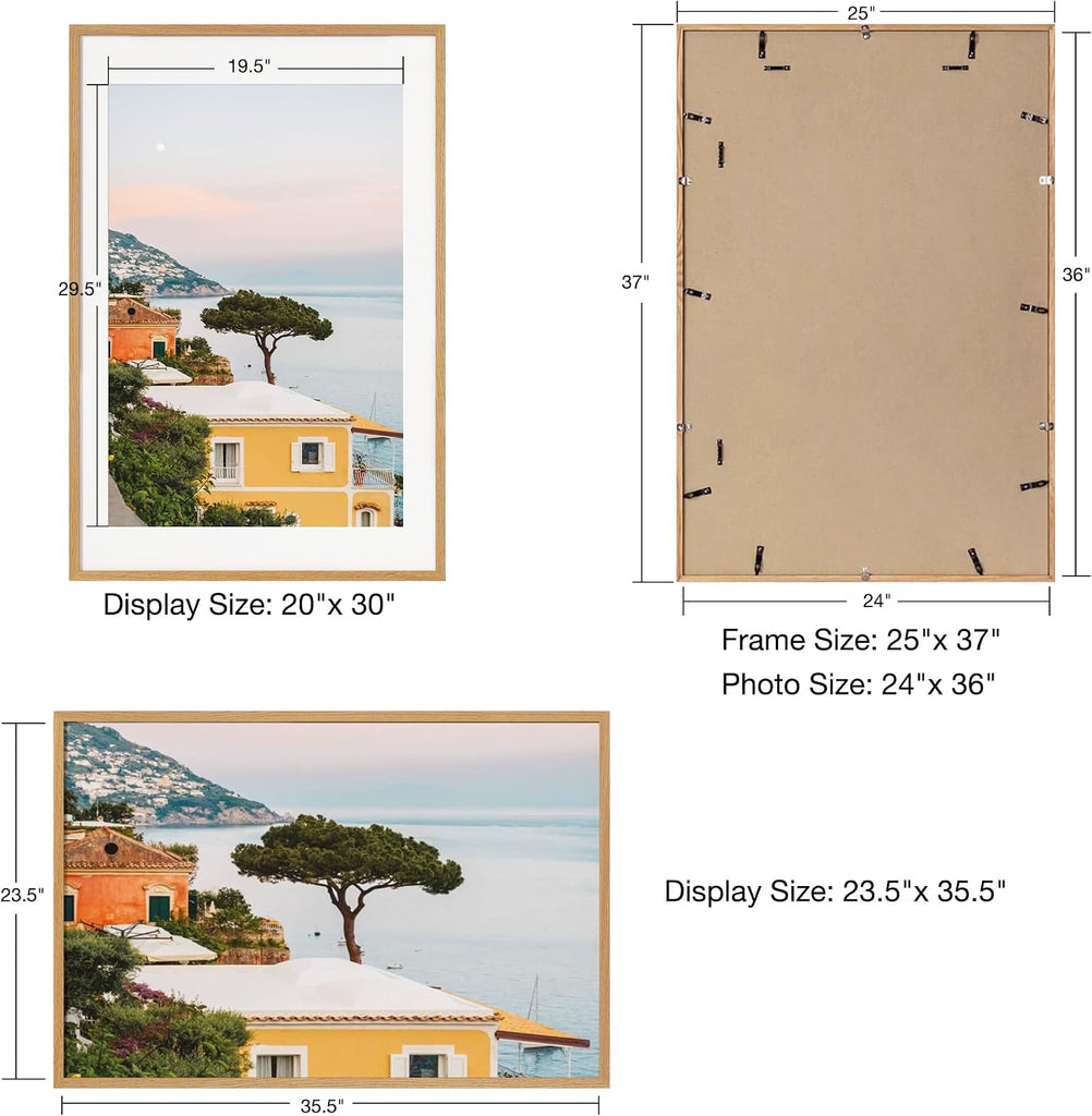 24x36 Picture Frame, Solid Oak Wood Poster Frame, Oak | Mat for 20x30, Tempered Glass, Wood 24''x36'' Minimalist