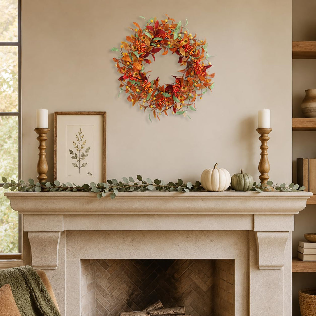 18 Inch Fall Wreath for Front Door, Autumn Floral Wreath with Orange Leaves, Berry Clusters, Flowers and Greenery for