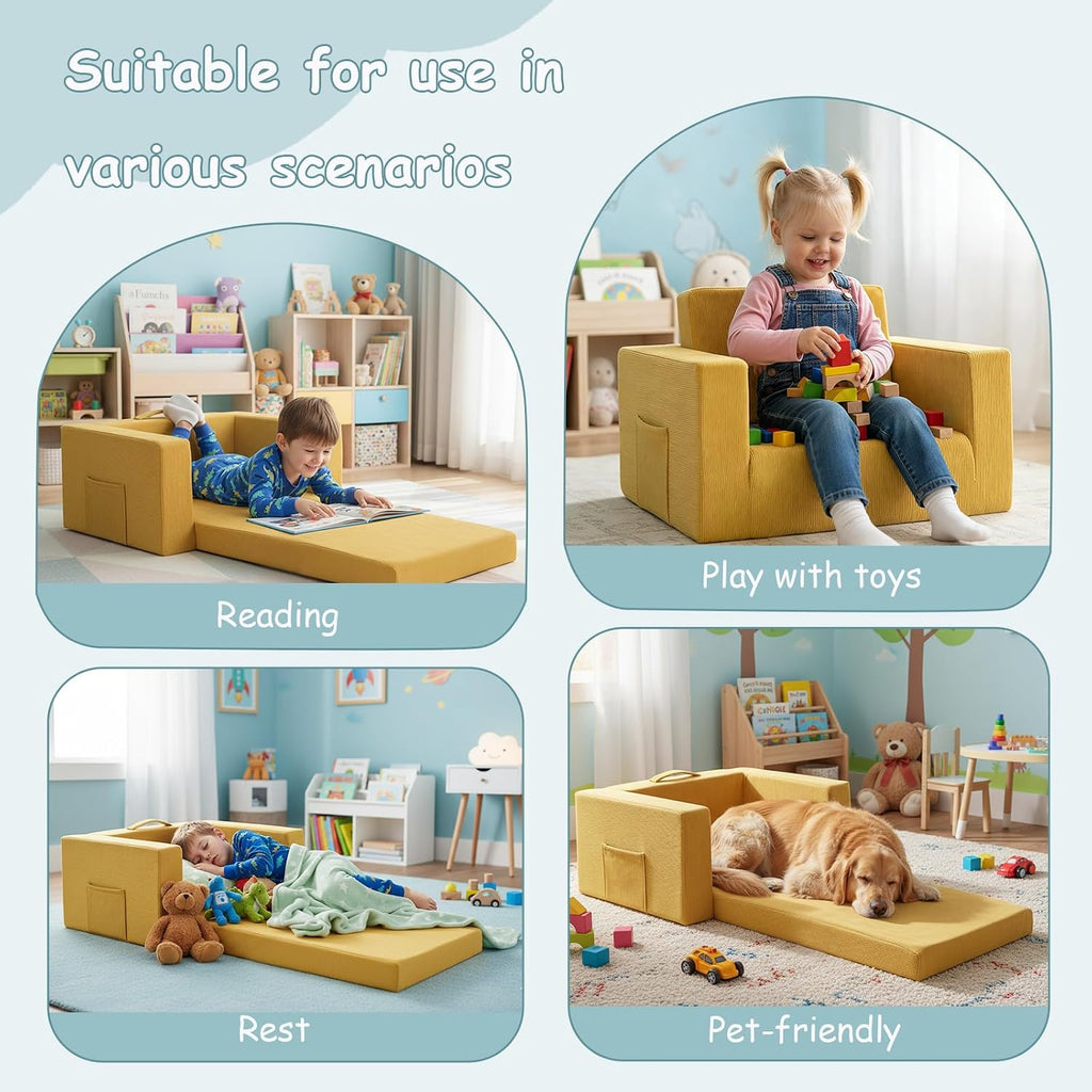 In-1 Kids Sofa, Convertible Children Couch to Lounger, Flip Out Kids Chair, Toddler Armrest Chair Bed, Folding Kid