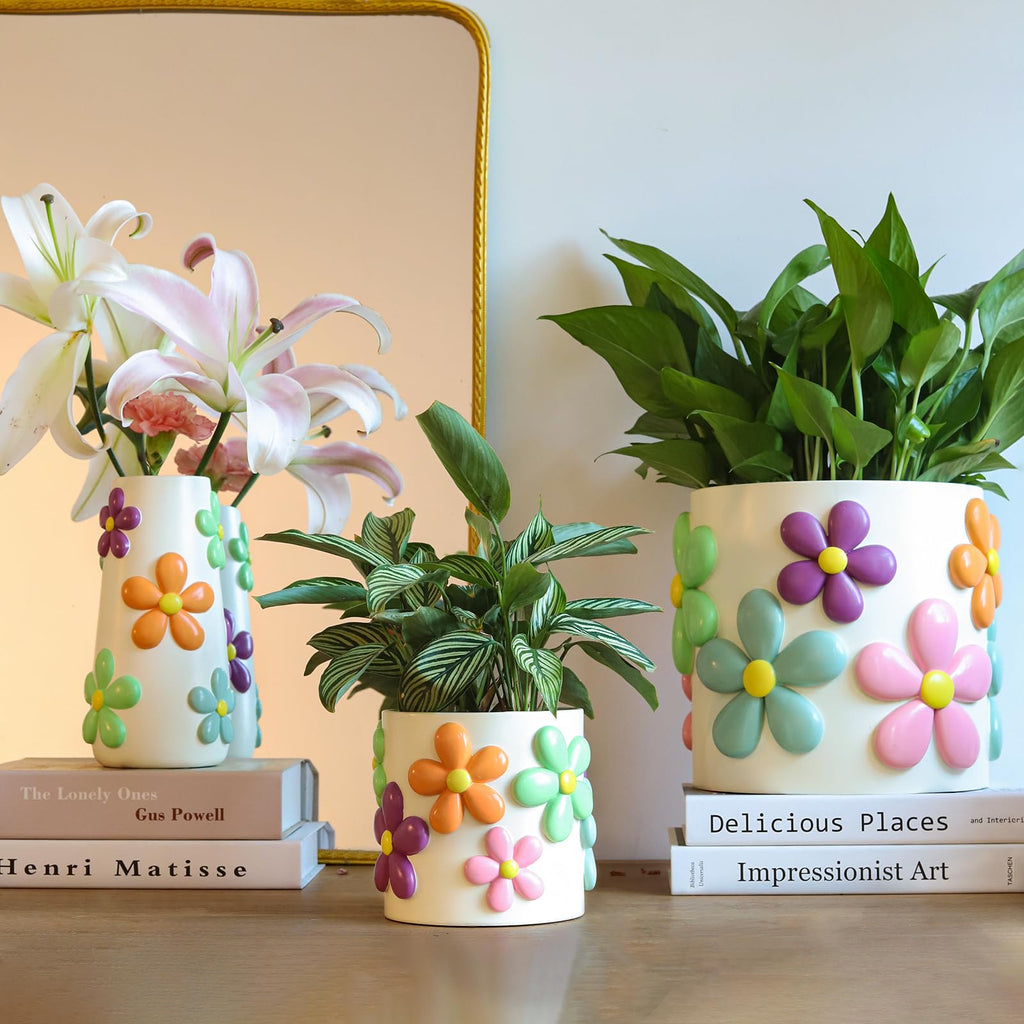 8 Inch Pastel Lines Planters, Cute Unique Rainbow Planter with Drainage, Vintage Retro Eclectic Flower Plant pots for