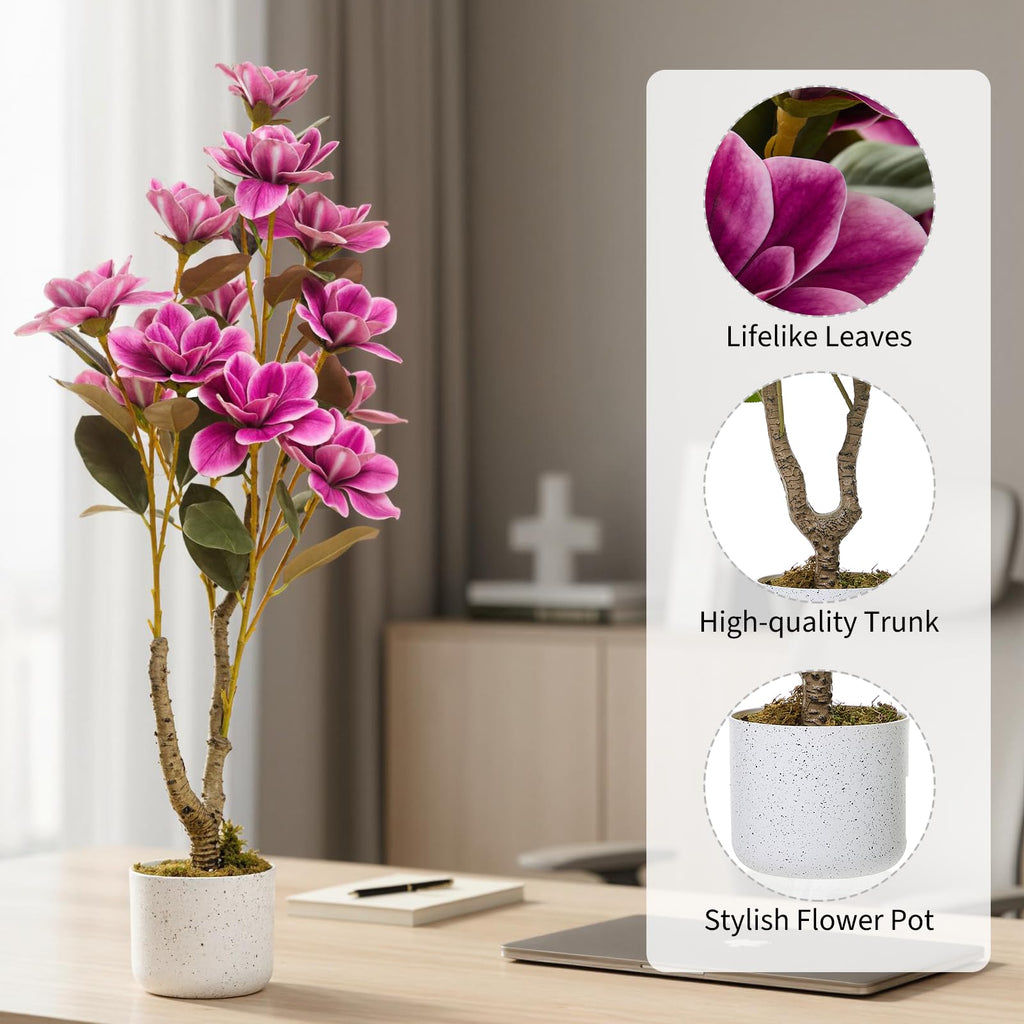 37" Artificial Magnolia Tree, Artificial Realistic Magnolia Grandiflora with White Planter and 12 Lifelike Flowers