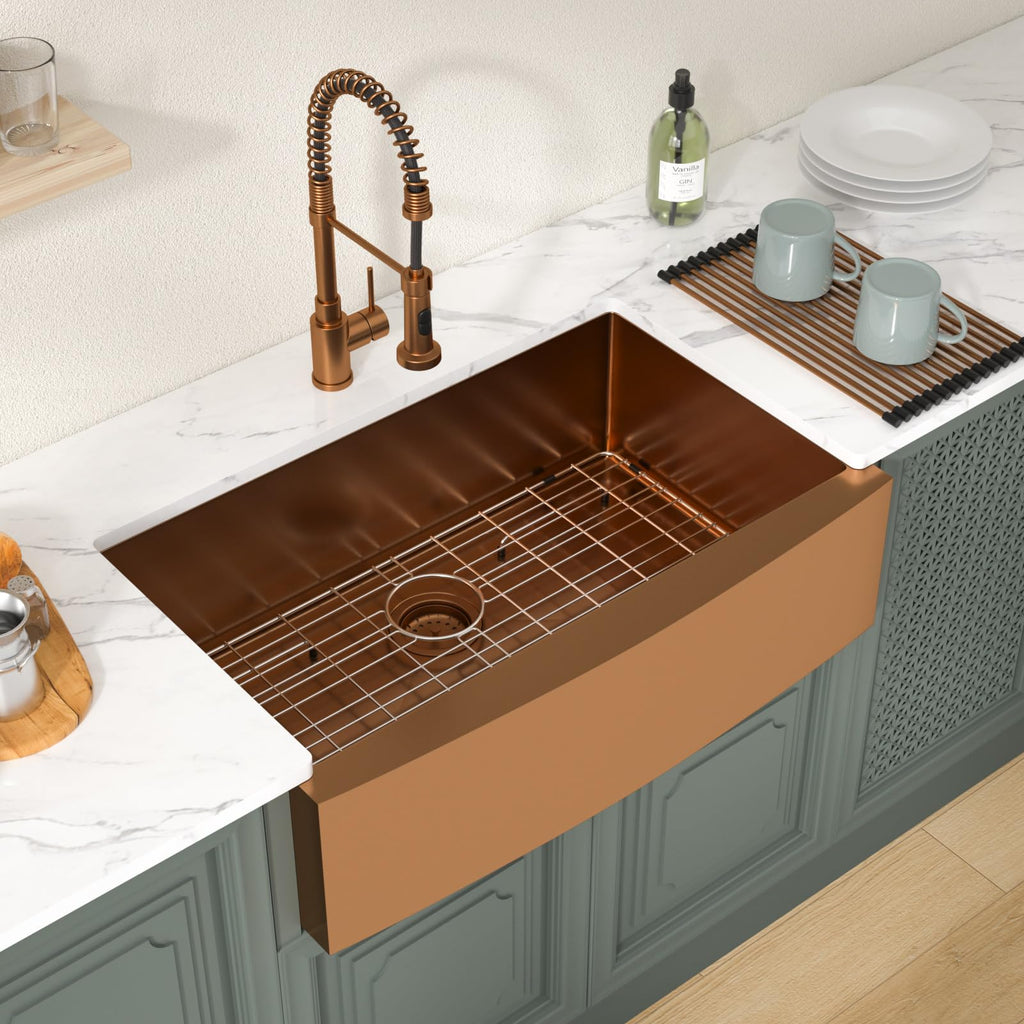 33 inch Farmhouse Kitchen Sink Apron Front 16 Gauge Stainless Steel Copper Tone Bronze Deep Single Bowl Kitchen Farm