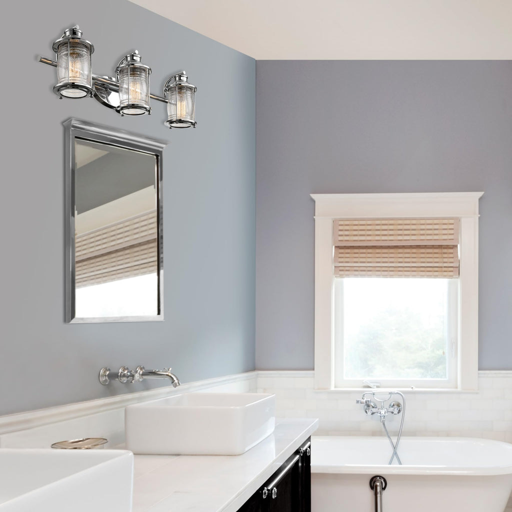 Bayfield 3-Light Vanity Light, Chrome, Ribbed Seeded Glass Shades, Bulb Not Included