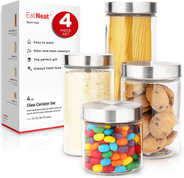 4-Piece Sleek Glass Canister Set with Brushed Stainless Steel Lids - Giftable, Durable Storage Containers - Set of 4