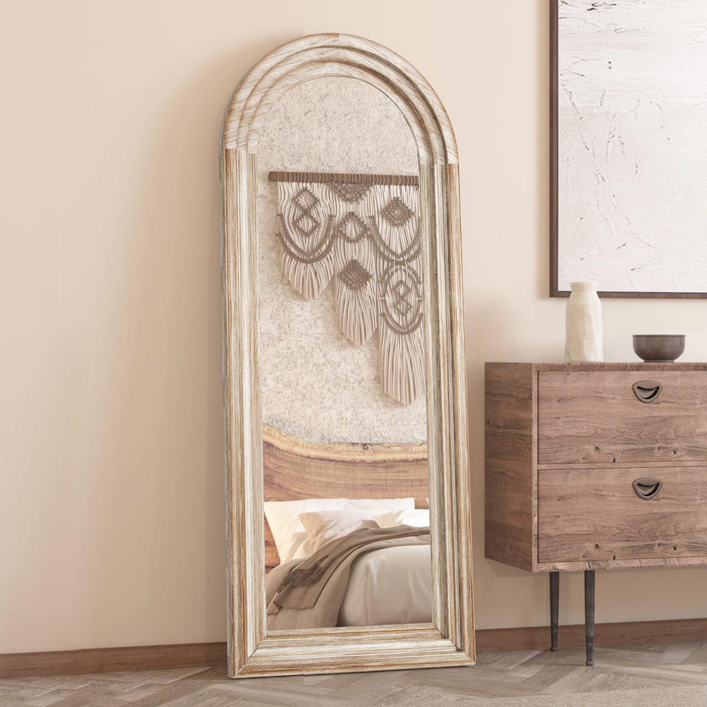 Arched Full Length Mirror with Solid Wood Frame 65x24 Inch Wall Mounted Floor Mirror, Vertical Hanging Leaning