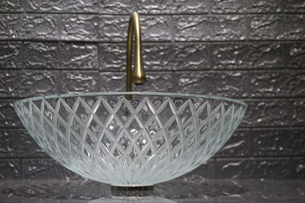 Tempered Deco Glass Luxuryhome Bathroom Sink in Crystal engraving Elegant | Top Mount Basin | Vanity Countertop Sink
