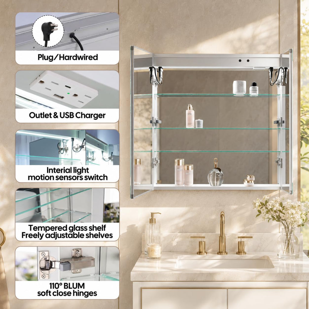 30" X 30" Bathroom LED Medicine Cabinet with Mirror, Medicine Cabinet with Lights, Bathroom Mirror with Storage