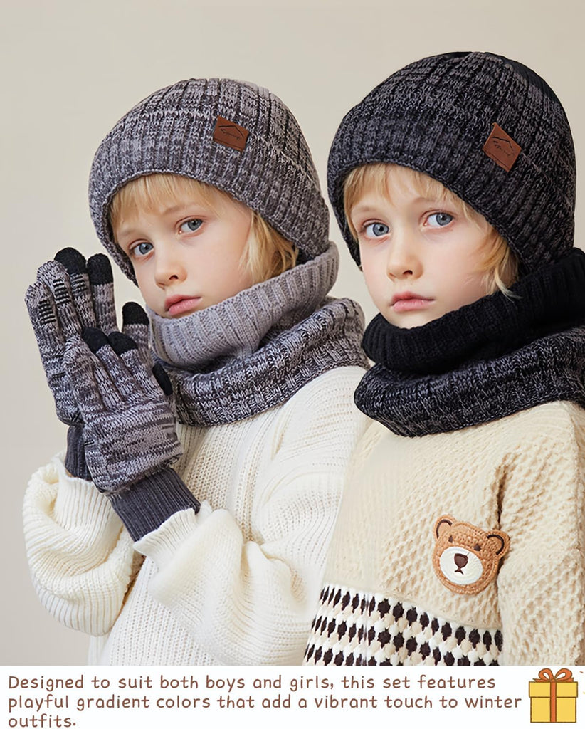 Kids Winter Hat Gloves Scarf Set,Mixed-color Beanie hat Knit Neck Fleece Lining Touchscreen Gloves for Girls Boys