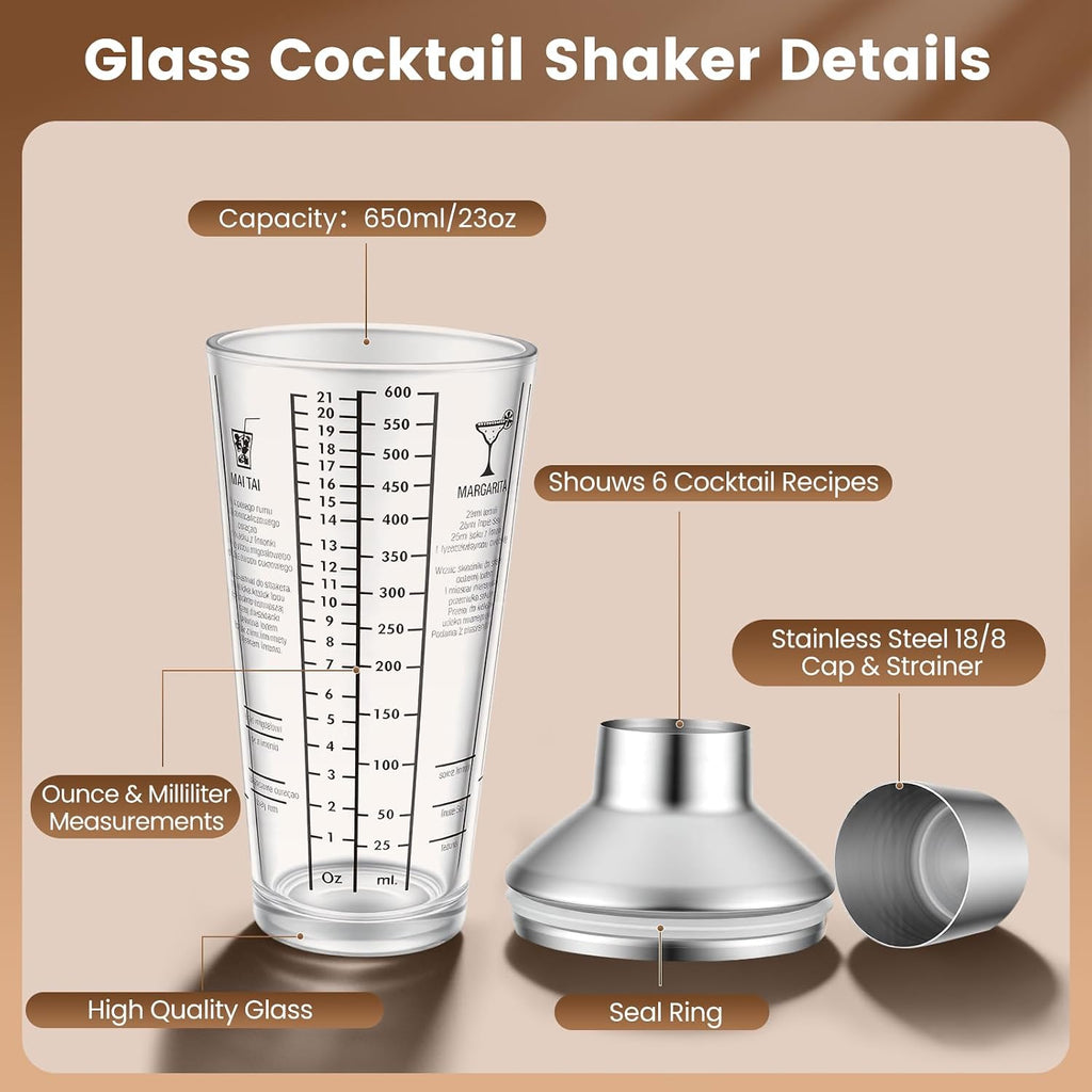 Glass Cocktail Shaker Set, 23oz Bartender Kit with Built-in Strainer, Ice Tongs, Measuring Jigger, Muddler & - Set of 3