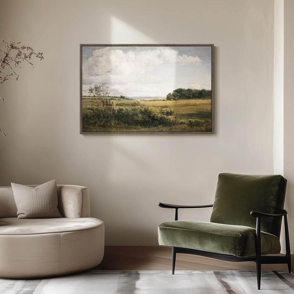 Framed Landscape Wall Art , Vintage Farmhouse Countryside Artwork for Walls, Large Retro Rustic Nature Canvas