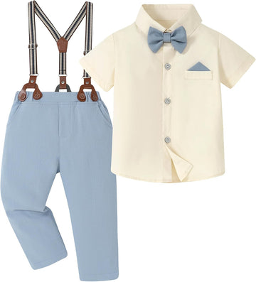 Toddler Boys Semi Formal Outfit 3pcs Sets Short Dress Shirt Suspender Pants Bow Tie