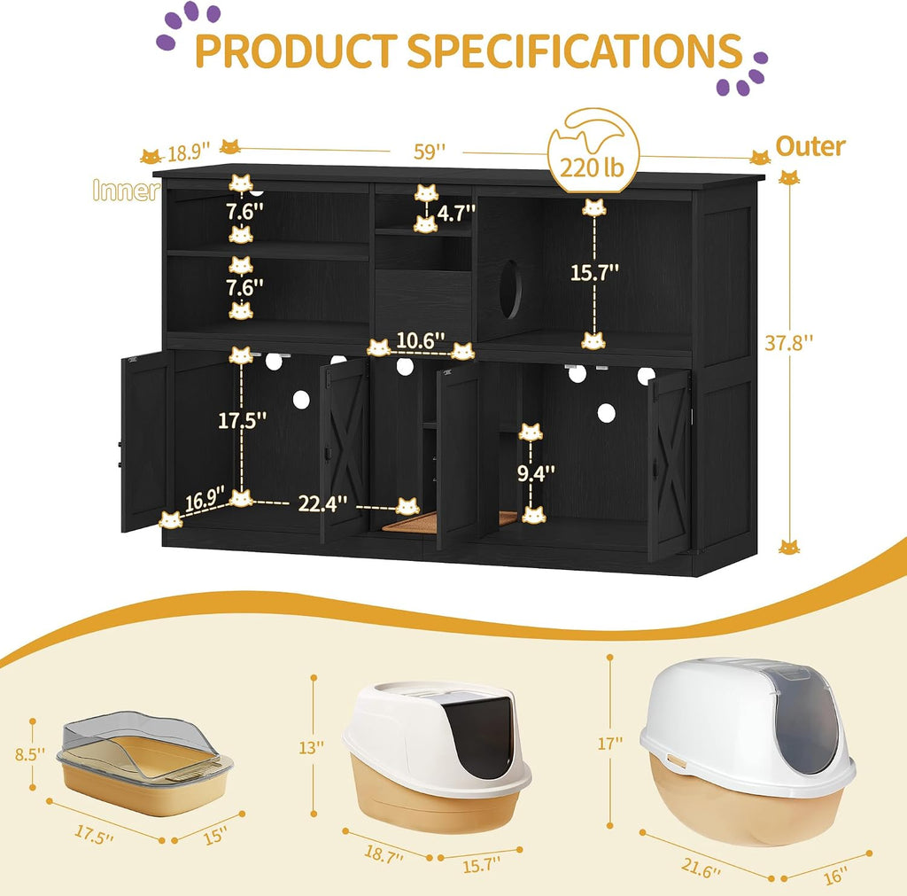 Double cat Litter Box Enclosure, Cat Cabinet with Large Storage